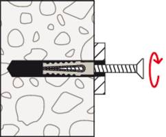 'Diagram of a screw being twisted into a patterned concrete wall with a wall anchor.'