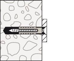Cross-sectional illustration of a wall with a wall plug inserted into a drill hole, surrounded by brickwork. Demonstrates fixing technique.
