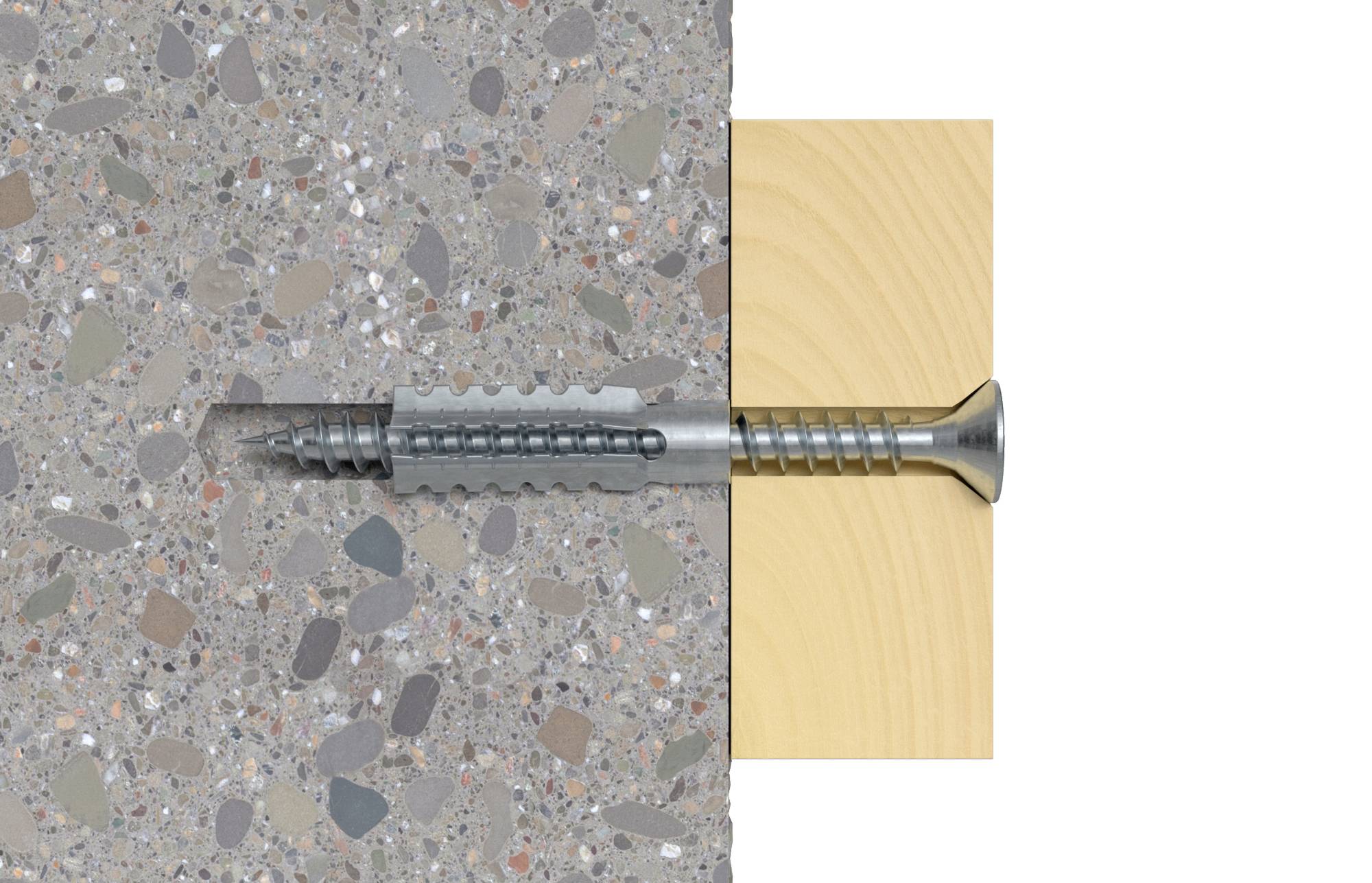 Screw and wall plug anchored in a wall. Shows a cross-section through a concrete wall and a wooden board, connected by a fixing solution.