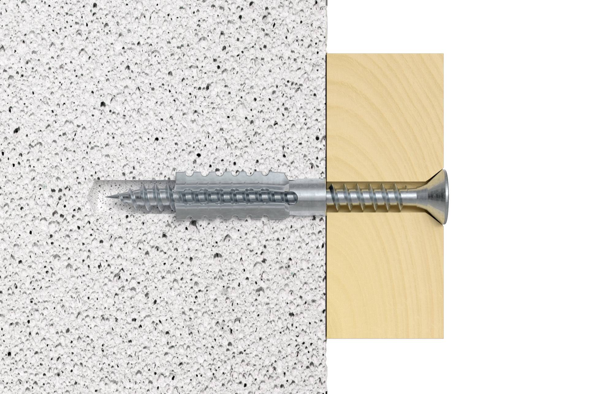 A wall plug is inserted into a concrete wall, with a screw leading into a wooden beam. Demonstrates anchoring in building materials.
