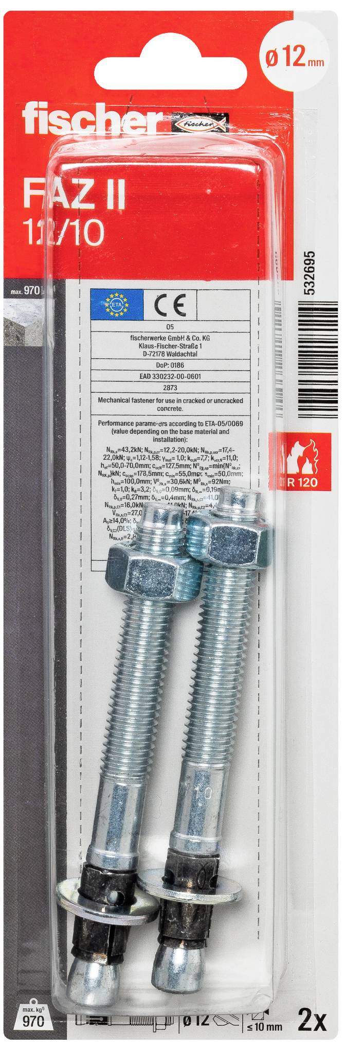 Two Fischer FAZ II heavy-duty anchors in one package. Suitable for secure fastenings in concrete; includes CE and EU markings.