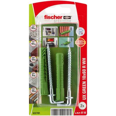 Package of Fischer UX Green wall anchors with screws, labeled 'UX GREEN 10x60 R WH', 2 pieces, for loads up to 40 kg.