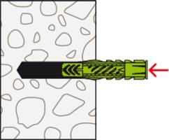Diagram of a wall plug installation. A green wall plug is being inserted into a hole, with an arrow indicating the direction of insertion.
