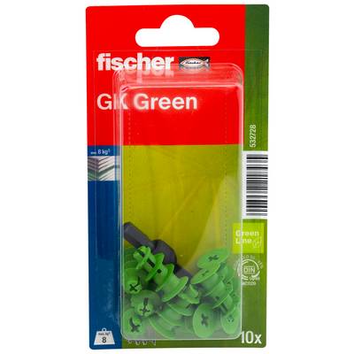 Package of Fischer Gk Green anchors, 10 pieces, shown in red and green retail blister packaging with visible green plastic wall plugs.<br>