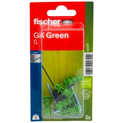 Package of Fischer Gk Green wall plugs with screws, showing 5 green anchors in blister packaging for 8 kg load capacity.