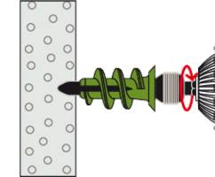 Rawlplug anchored in a wall; screw attached on the right. Illustration shows installation process with thread design and fixing point.
