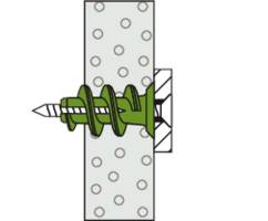 Illustration of a green wall plug being screwed into a perforated wall, showing the fixing method in cross-section.