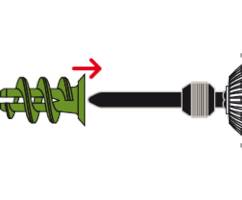 A green drill bit is rotated to the left. A red arrow indicates the direction of rotation. A drill chuck is located on the right.