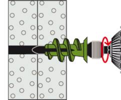 Illustration of a green wall plug being inserted through a beige dotted wall. On the right, a drill head tightening the plug.