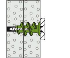 Figure shows a green wall plug in a wall, holding a screw. Drill holes are visible. Used for fixing.