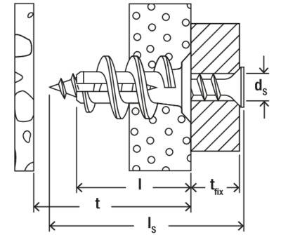Technical drawing of a self-tapping wall anchor. Dimensions are t, l, ls, ds, tfix. Shows installation method and retention mechanism.