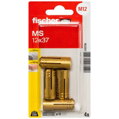 Packaging for Fischer MS anchor set, M12 12x37, showing four gold metal anchors, rated for 220 kg and 160 kg.