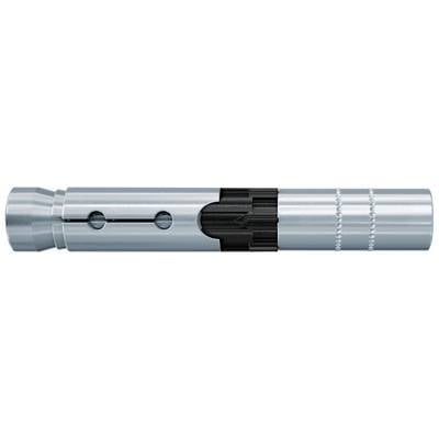 Metal wall plug in cylindrical form with a ribbed section and two grooves at the end, used for anchoring in walls.