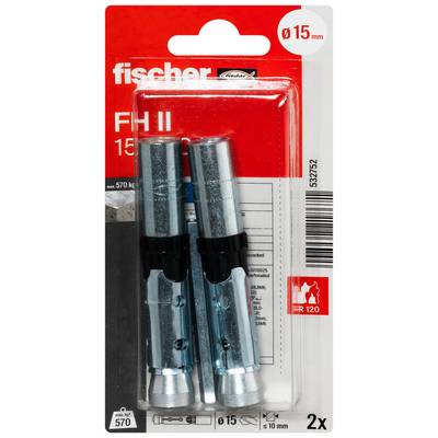 Pack of two Fischer FH II 15 mm metal expansion anchors in red-and-clear blister packaging, labeled '2x' and 'ø15 mm'.
