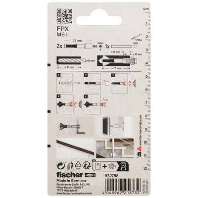 Fischer FPX M6 I anchor kit packaging shows parts, drill sizes, tool icons, and installation steps for a masonry fastener.