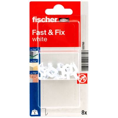 Package of Fischer 'Fast & Fix' white mounting clips, 8 pieces, for fixing items up to 5 kg.<br>