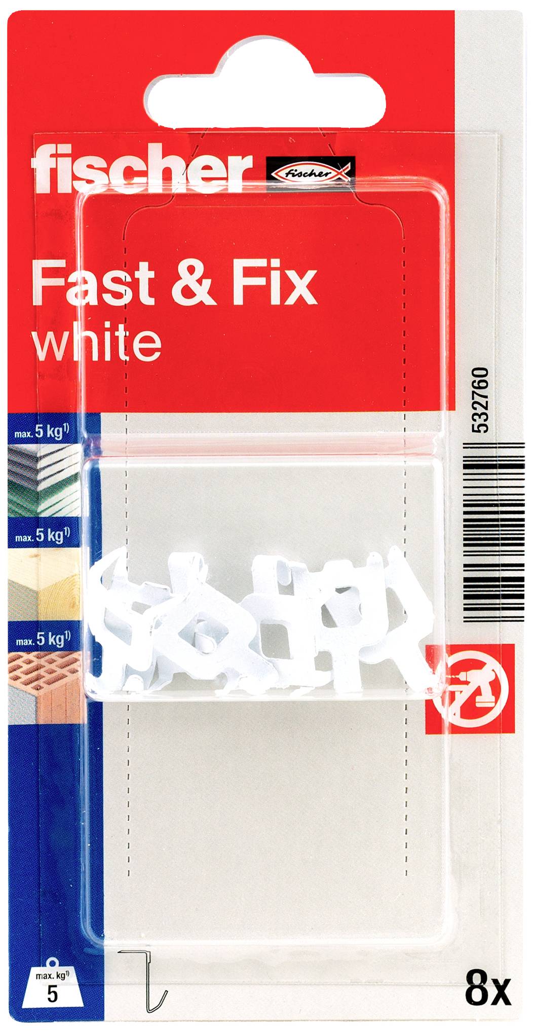 Packaging of 'fischer Fast & Fix white', 8 white fixing elements, suitable for surfaces up to 5 kg.