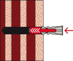 Diagram of a wall plug being secured in a wall. The arrow indicates the insertion direction. Various layers are visible.