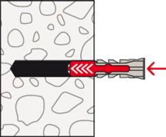 A cavity wall plug anchored firmly in the hole through expansion; red arrows indicate the direction of expansion.