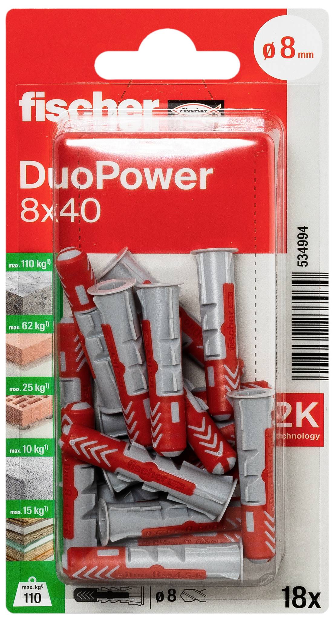 Pack of 18 Fischer DuoPower 8x40 wall plugs, suitable for various materials. Supports up to 110 kg per wall plug. Includes 2C technology.