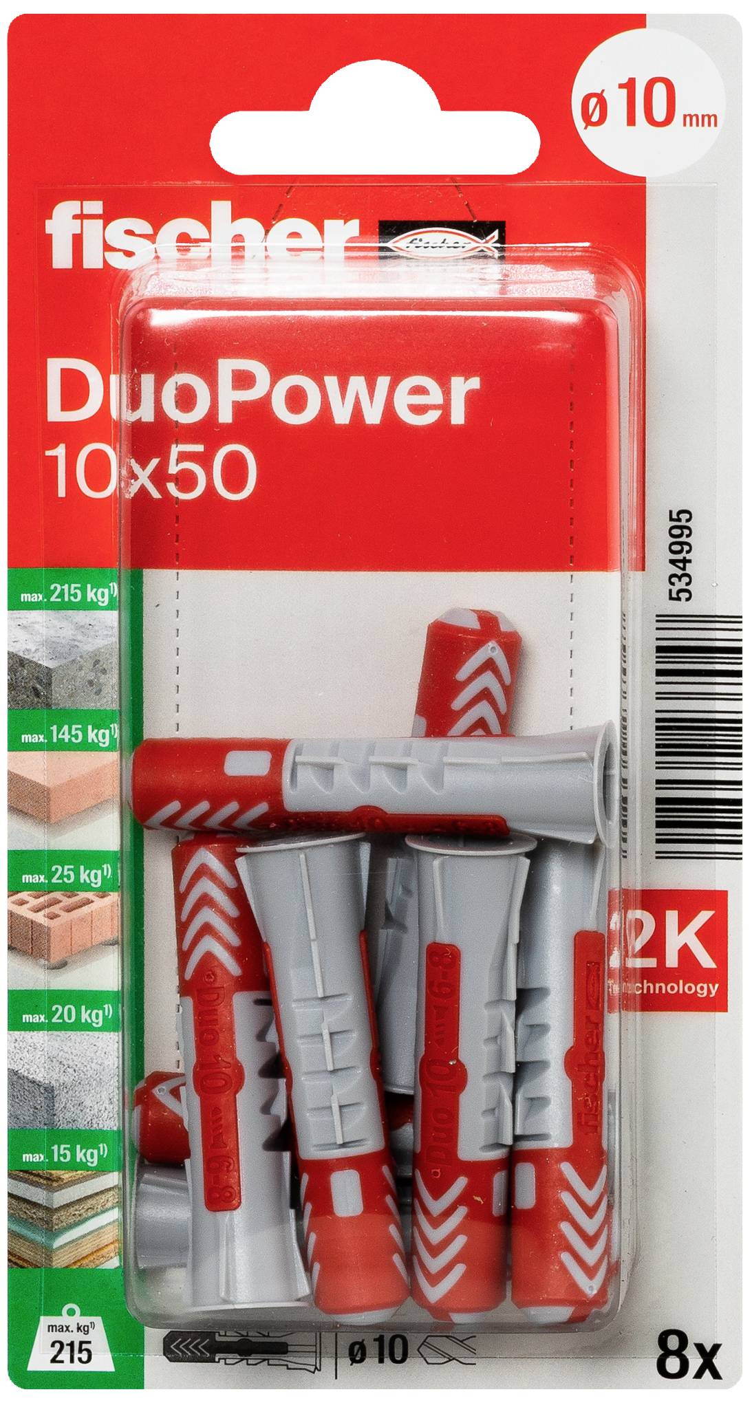 Pack of eight Fischer DuoPower wall plugs, size 10x50 mm, suitable for various building materials, load ratings indicated on the packaging.