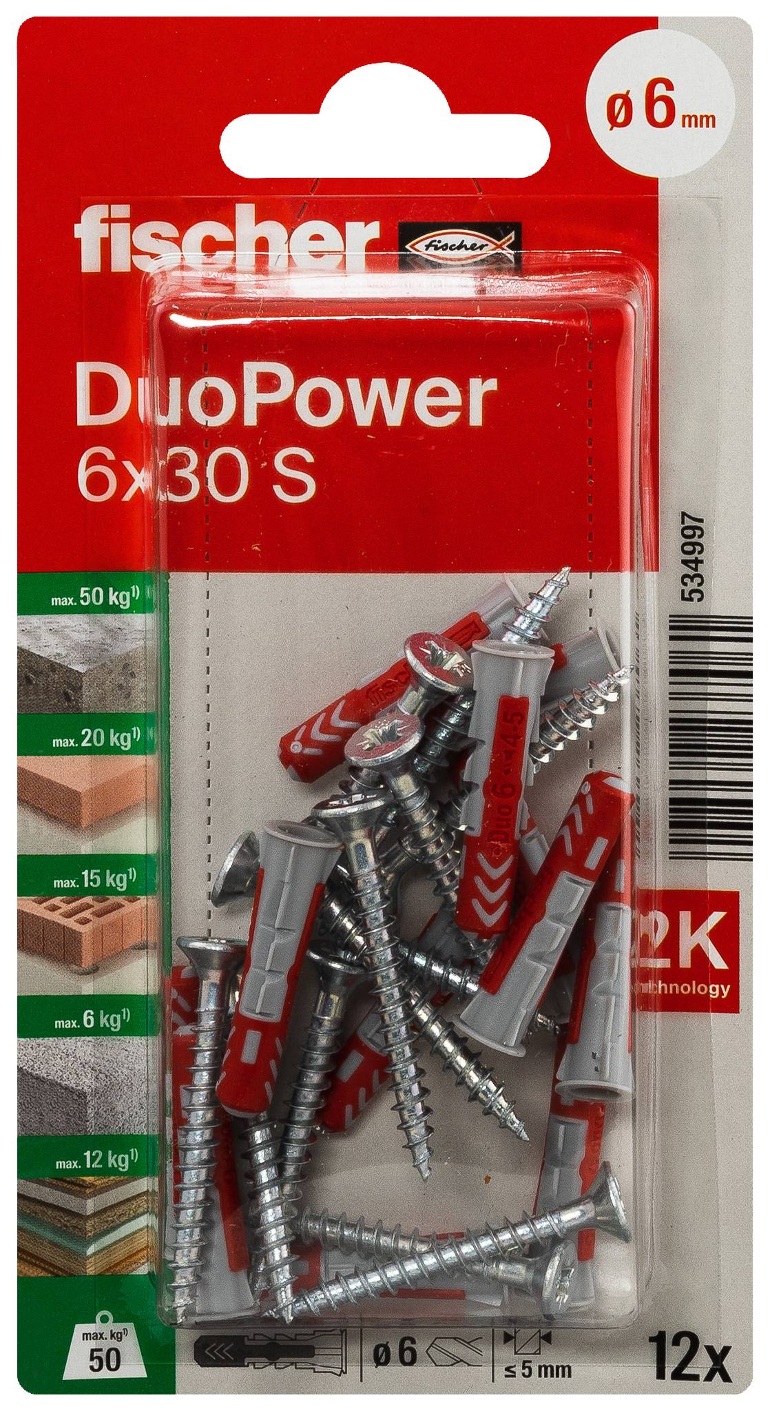 Package of Fischer DuoPower 6x30 S wall plugs, showing 12 grey and red anchors for 6 mm drill holes, with load ratings and use for masonry or concrete.