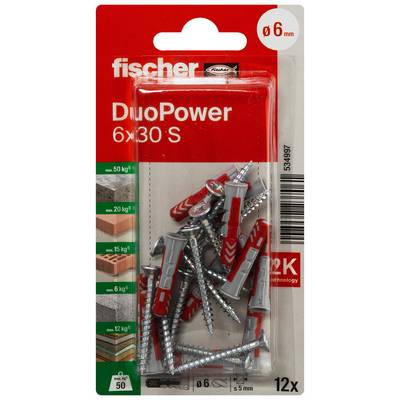 Package of Fischer DuoPower 6x30 S wall plugs, showing 12 grey and red anchors for 6 mm drill holes, with load ratings and use for masonry or concrete.