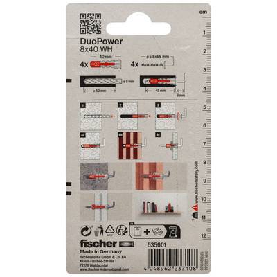 Packaging label for Fischer DuoPower 8x40 WH wall plugs, showing drill sizes, 4x plugs and installation steps for solid and hollow walls.