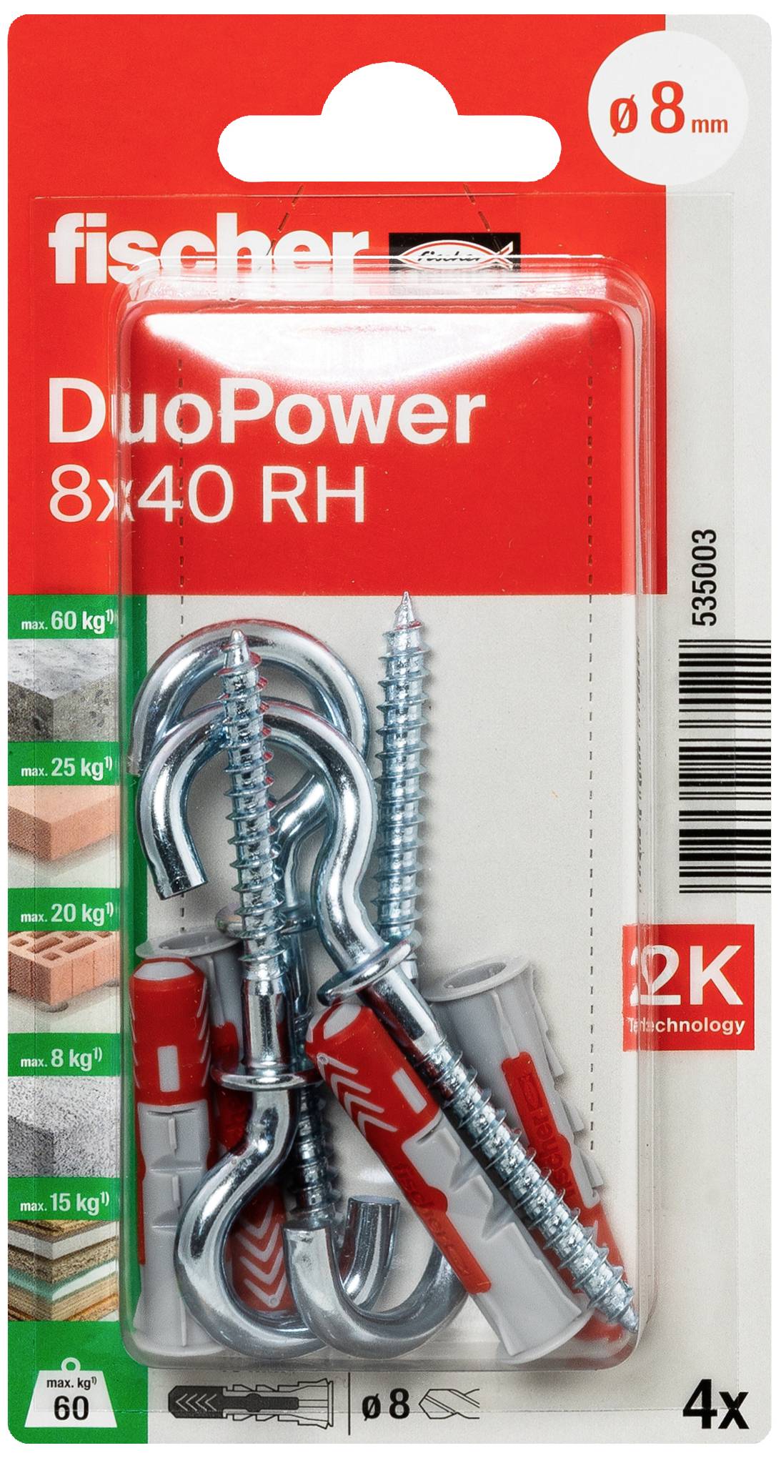 Packaging containing Fischer DuoPower Wall Plugs (8x40 RH), suitable for various materials and loads up to 60 kg. Contains 4 pieces.