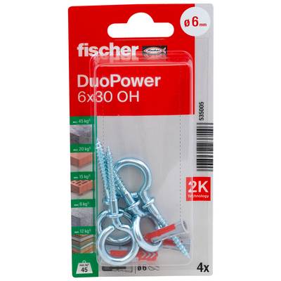 Packaging for Fischer DuoPower anchors, size 6x30 OH, with 4 silver screw-in wall plugs and a red-and-white box labeled '6 mm' and '2K Technology'.<br>