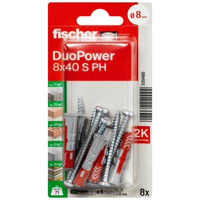 Package of fischer DuoPower 8x40 S PH wall plugs and screws, showing 8 mm drill size, 8 pieces, and load ratings on the packaging.