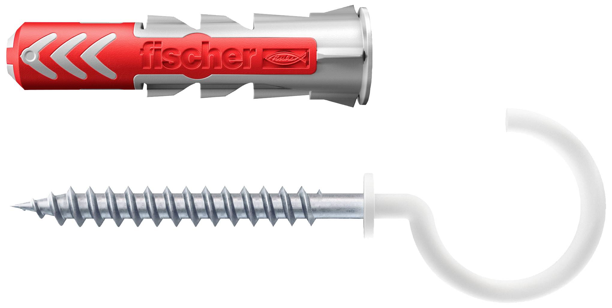 A red wall plug with a grey tip alongside a metal hook screw with a white plastic cap.