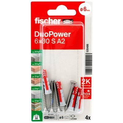 Package of fischer DuoPower wall anchors, 6x30 mm, with 4 red-and-white plugs and screws displayed in clear blister packaging.
