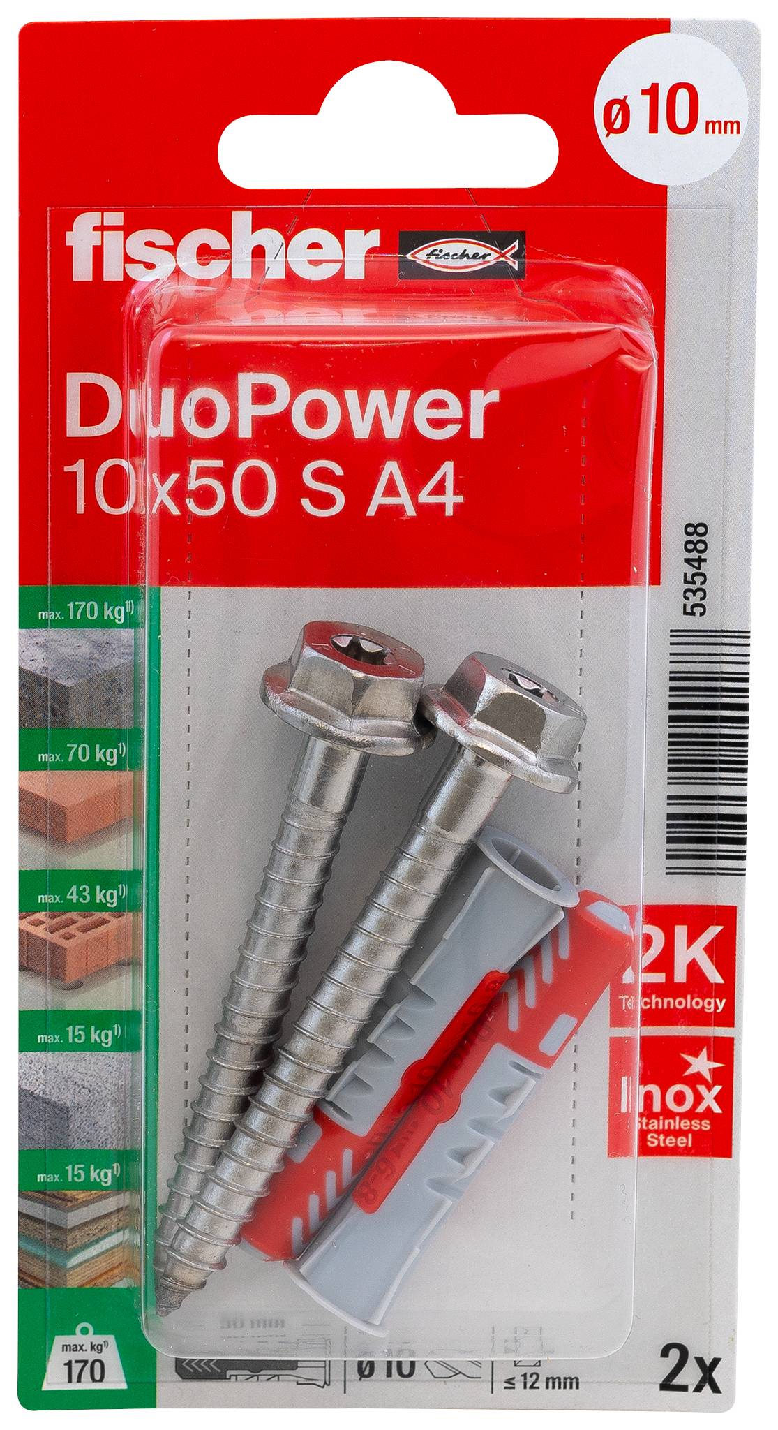 Package of Fischer DuoPower wall plugs and screws, 10x50 mm, 2-piece set for concrete and masonry, with red-and-gray packaging.