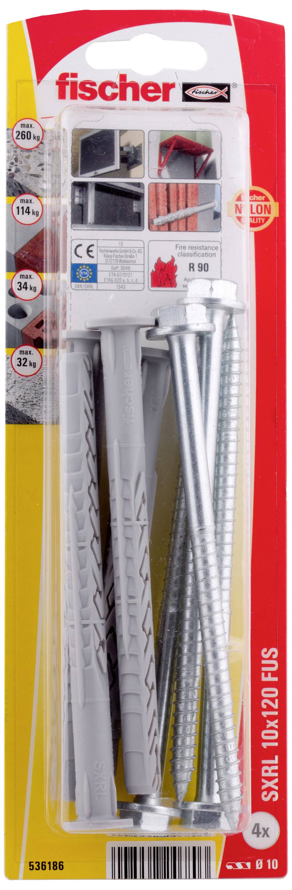 'Fischer SXR 10x120 FUS' pack with grey wall plugs and screws, suitable for solid and hollow building materials. Contains CE and R90 marking.
