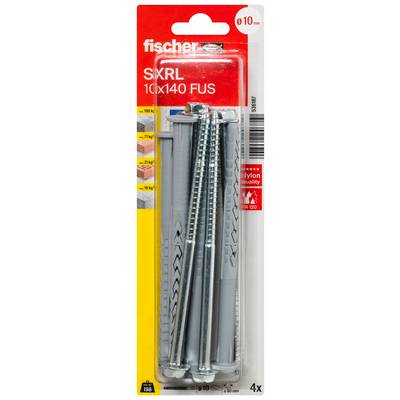 Package of Fischer SXRL 10x140 FUS wall anchors with screws, showing 4 grey plastic anchors and 4 metal screws on red-and-white packaging.