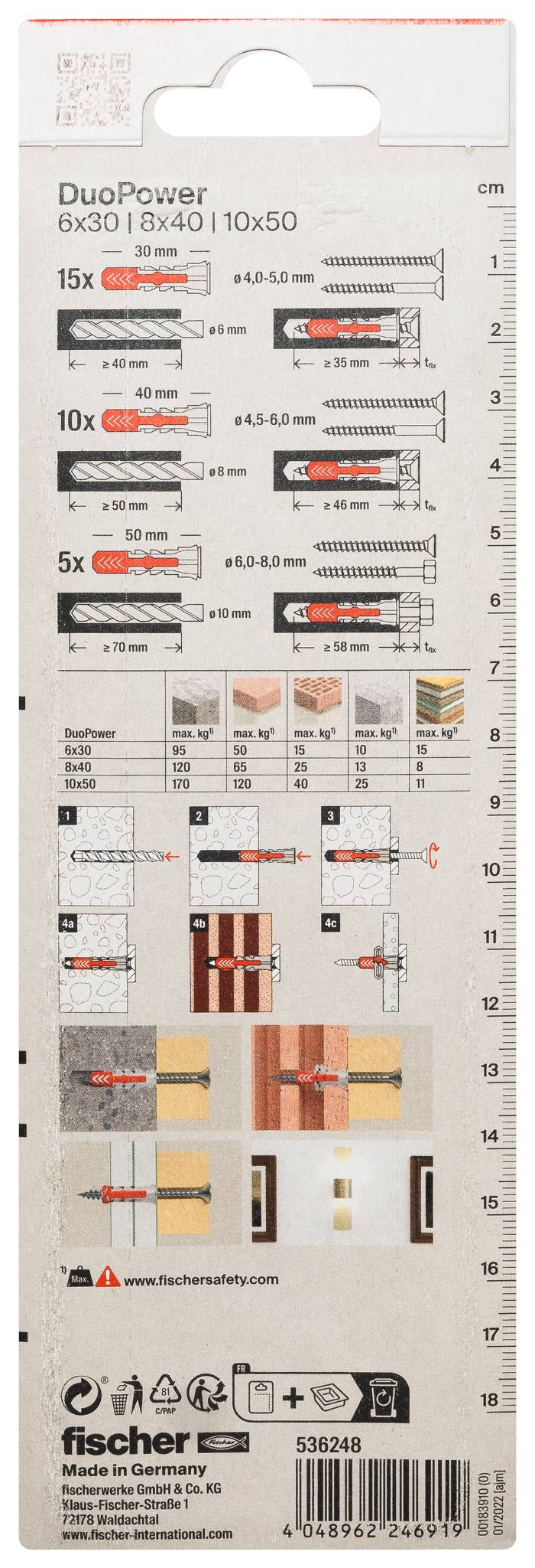 Fischer DuoPower wall plug package showing size guide, drill diameter and load examples for different anchor sizes.