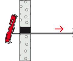 'Diagram of a metal bar through a wall section, with a red arrow pointing at the bar in the arrow's direction to the right.'