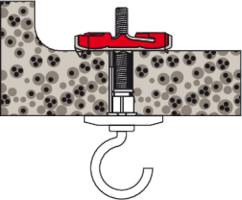 Cross-section of a bolt anchor with a hook, inserted into a concrete wall. The bolt is marked in red to show the anchor position.