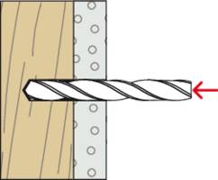 'Drill penetrates from the right into a piece of wood with a metal layer, arrow indicates direction of drilling.'