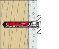 Cross-section of a wall plug in a wooden wall, showing the anchoring and fixing of a screw in the wall.