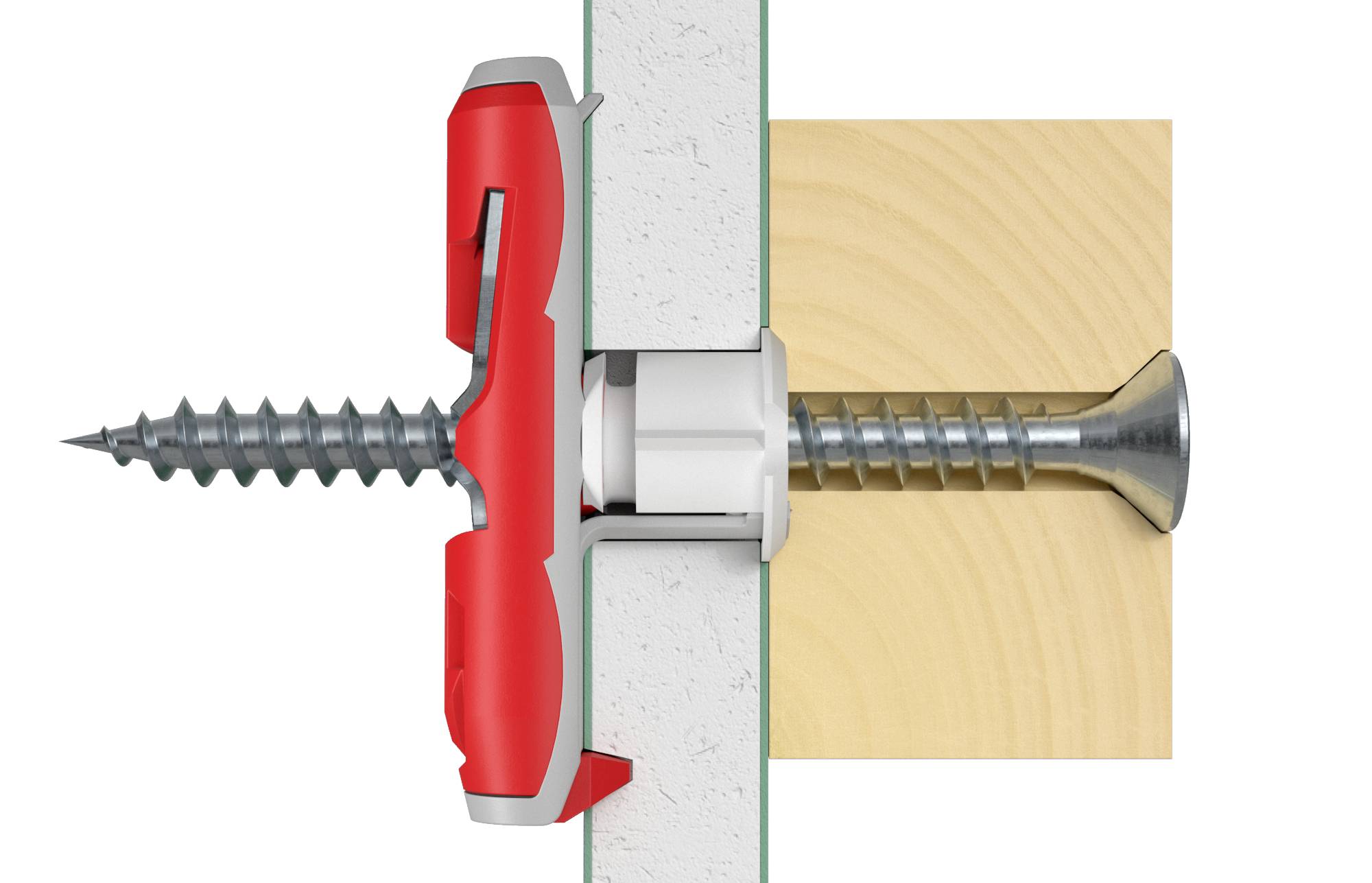 A red cavity wall plug fixation with a screw through a white plasterboard wall into a wooden board.