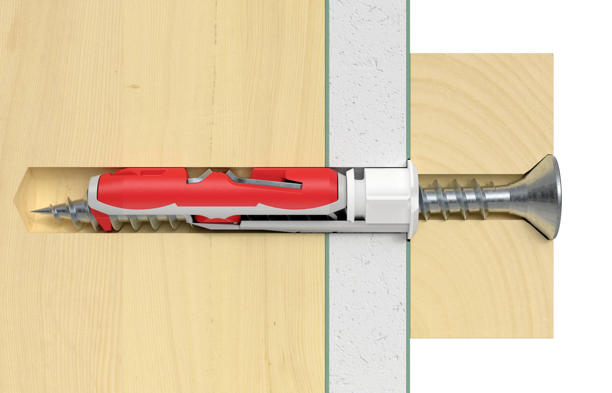 Cross-section of a chipboard screw with wall plug, securing a wooden construction to a concrete wall.