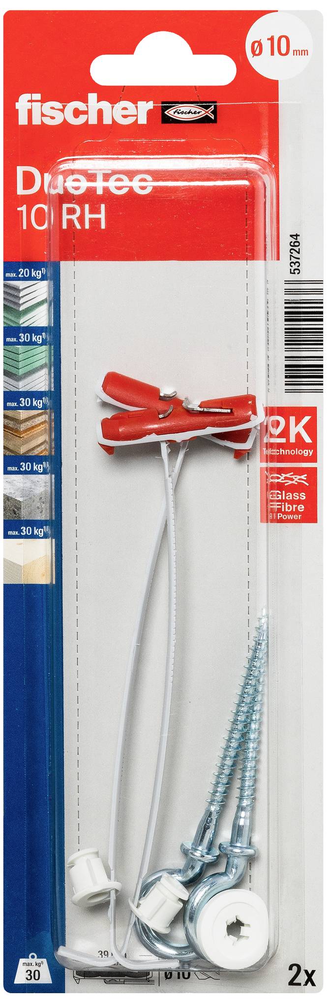 Packaging for a Fischer DuoTec 10 RH cavity wall plug. Contains plugs in red and white, screws and mounting accessories. Shear strength specified.