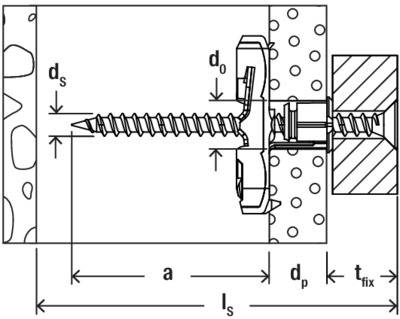 Technical drawing of a wall plug in a wall. Shows dimensions for installation depth, screw length, and diameter.