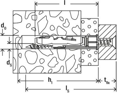 Technical drawing of a wall plug/rawlplug. Shows dimensions such as d₀, dₛ, h₁, lₛ, tₚ. Symbolises fixing/anchoring technology.