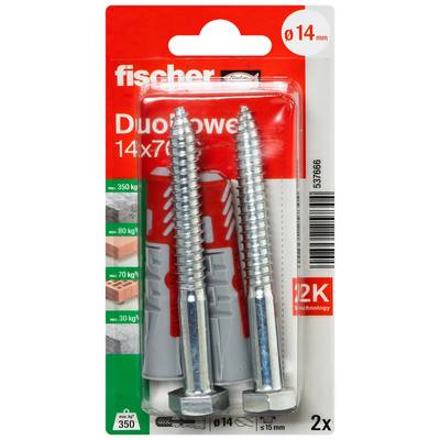 Package of Fischer DuoPower wall anchors with 2 silver screws, labeled for 14 mm holes and 2-piece set.<br>