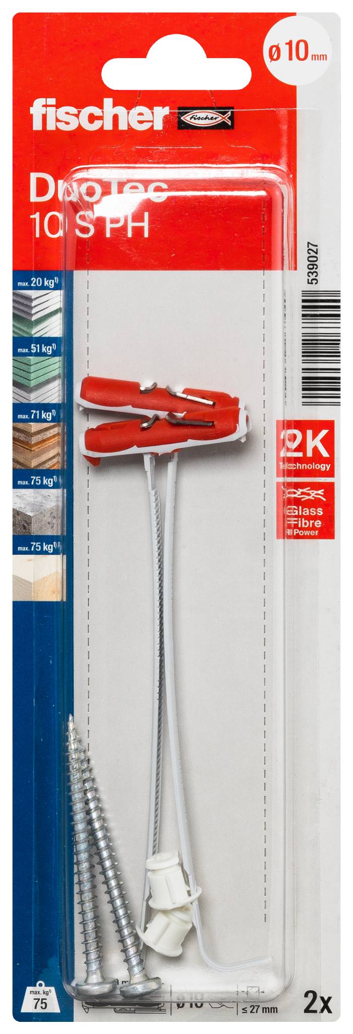 Package of Fischer DuoPower wall plugs with two screws, labeled for 10 mm holes and 2x quantity, shown on red-and-white retail packaging.