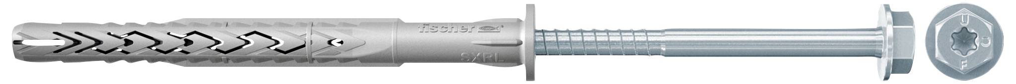 A grey metal wall plug combination with a screw and washer. It is designed for fixing to walls or ceilings.
