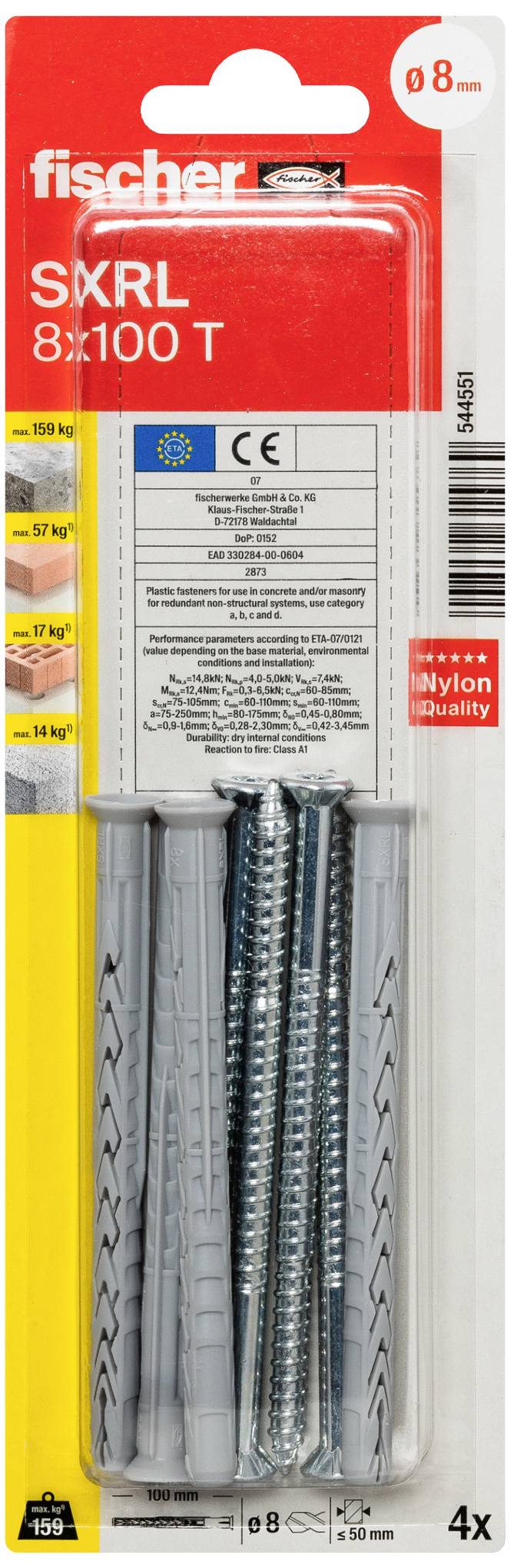 Packaging for Fischer SXRL 8x100 T universal wall plugs with four grey wall plugs and screws. Capable of supporting loads up to 150 kg in concrete.